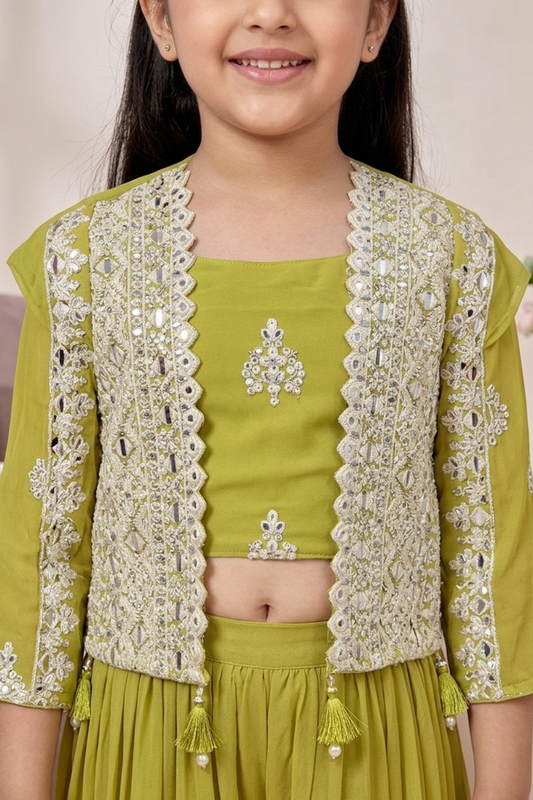 Olive Green Mul Chanderi Crop Top & Palazzo Set for Girls