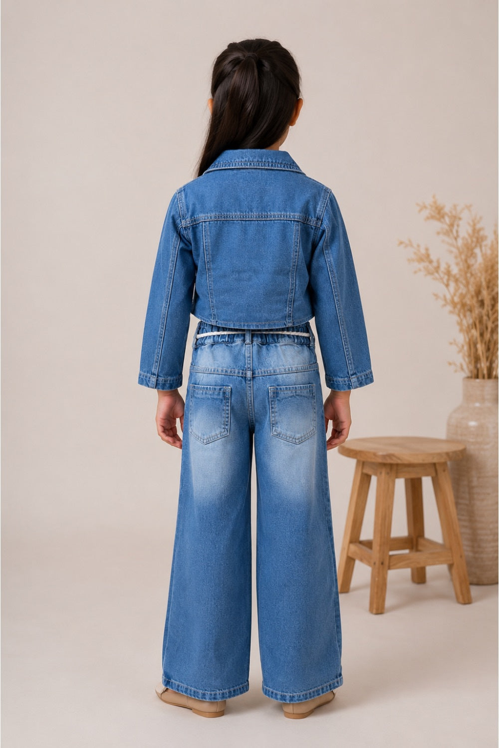 Girls Blue Denim Embroidered Co-Ord Set with White Inner Top (3-Piece Set)