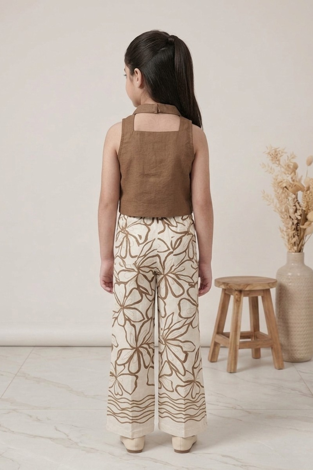 Mocha Brown Embellished Wrap Top & Printed Palazzo Set for Girls