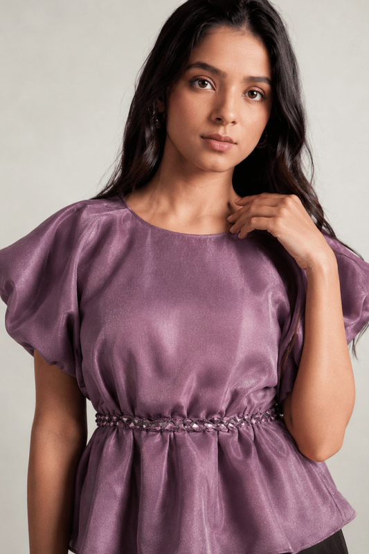 Girls Mauve Peplum Co-Ord Set with Puff Sleeves