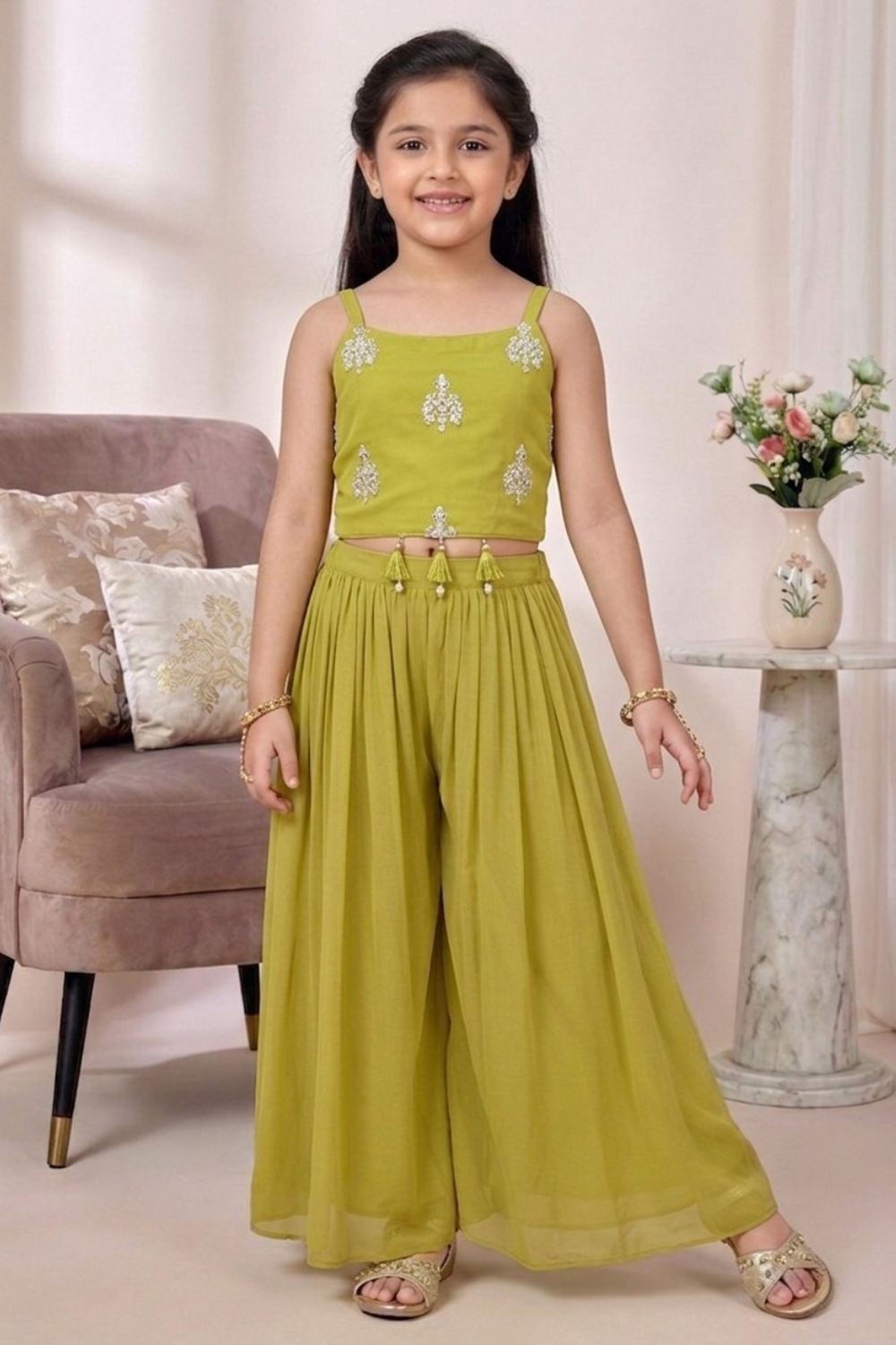 Olive Green Mul Chanderi Crop Top & Palazzo Set for Girls