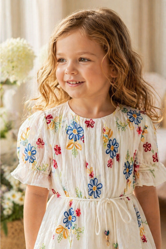 Cream Floral Embroidered Flared Dress for Girls