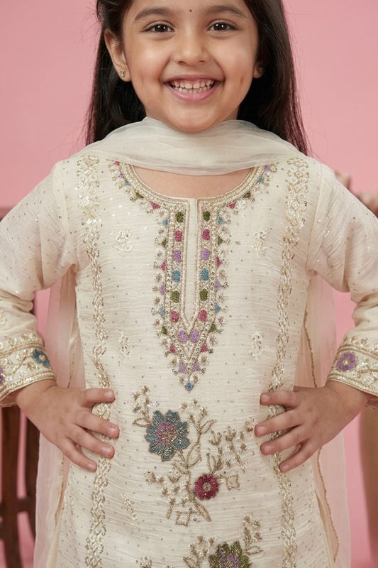 Ivory Chinon Embroidered Kurta & Palazzo Set for Girls with Dupatta