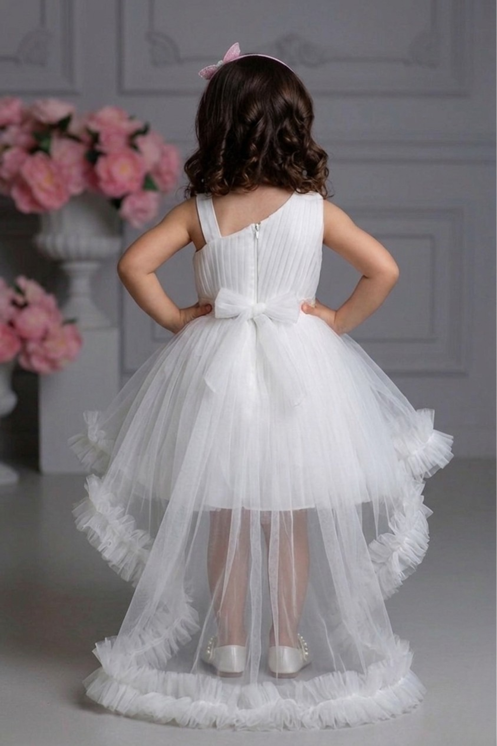 Girls White Sequin Belt Party Frock with Detachable Trail