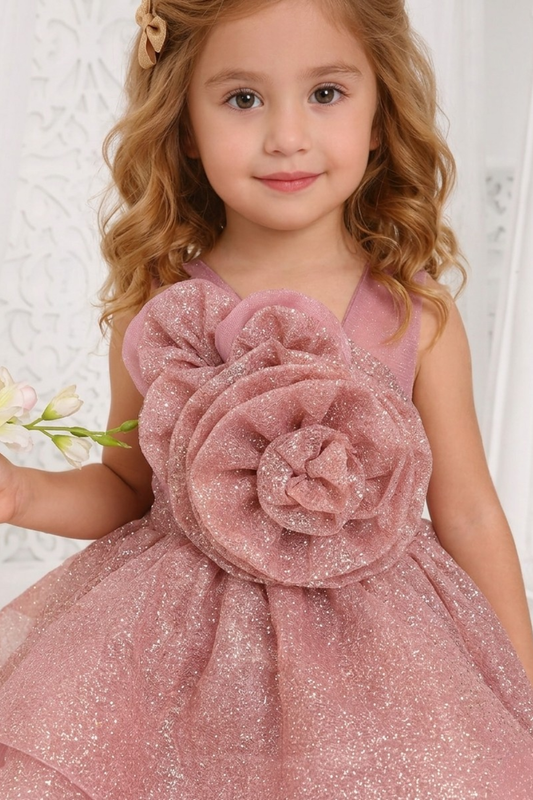 Girls Dusty Pink Glitter Rose Party Frock with Side Tail