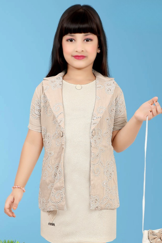 Beige Embroidered Dress with Jacket & Sling Bag Set for Girls
