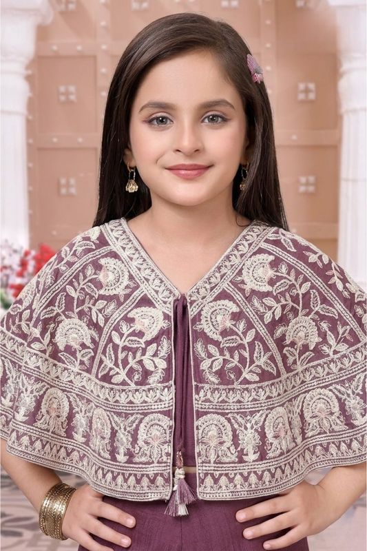 Girls Mauve Embroidered Cape Style Palazzo Set