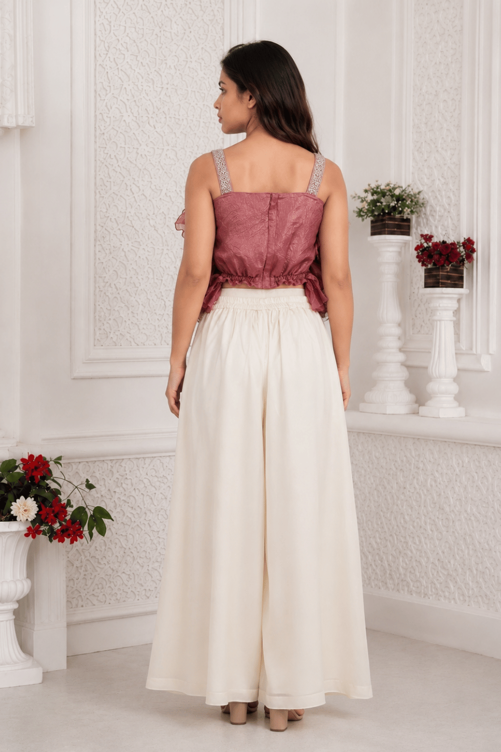 Girls Onion Ruffle Organza Top with Ivory Wide-Leg Palazzo Co-Ord Set