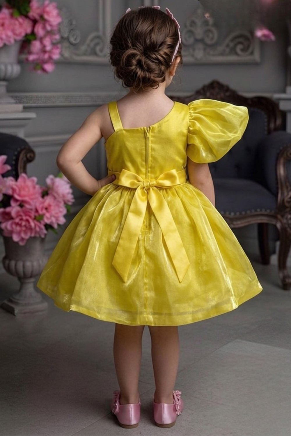 Girls Yellow One Shoulder Flower Detail Party Frock