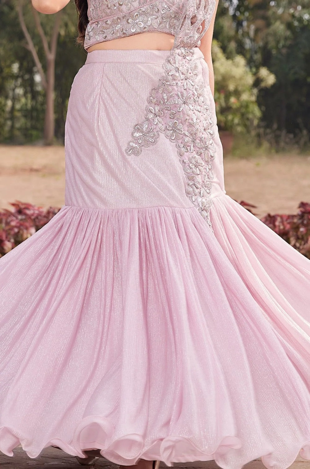 Girls Blush Pink Embroidered Fish Cut Lehenga Set with Dupatta