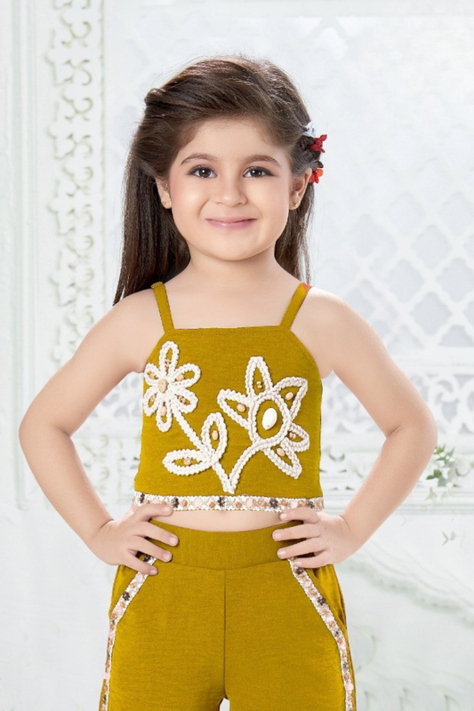 Mustard Yellow Floral Embellished Palazzo Set for Girls – Stylish Western Co-ord