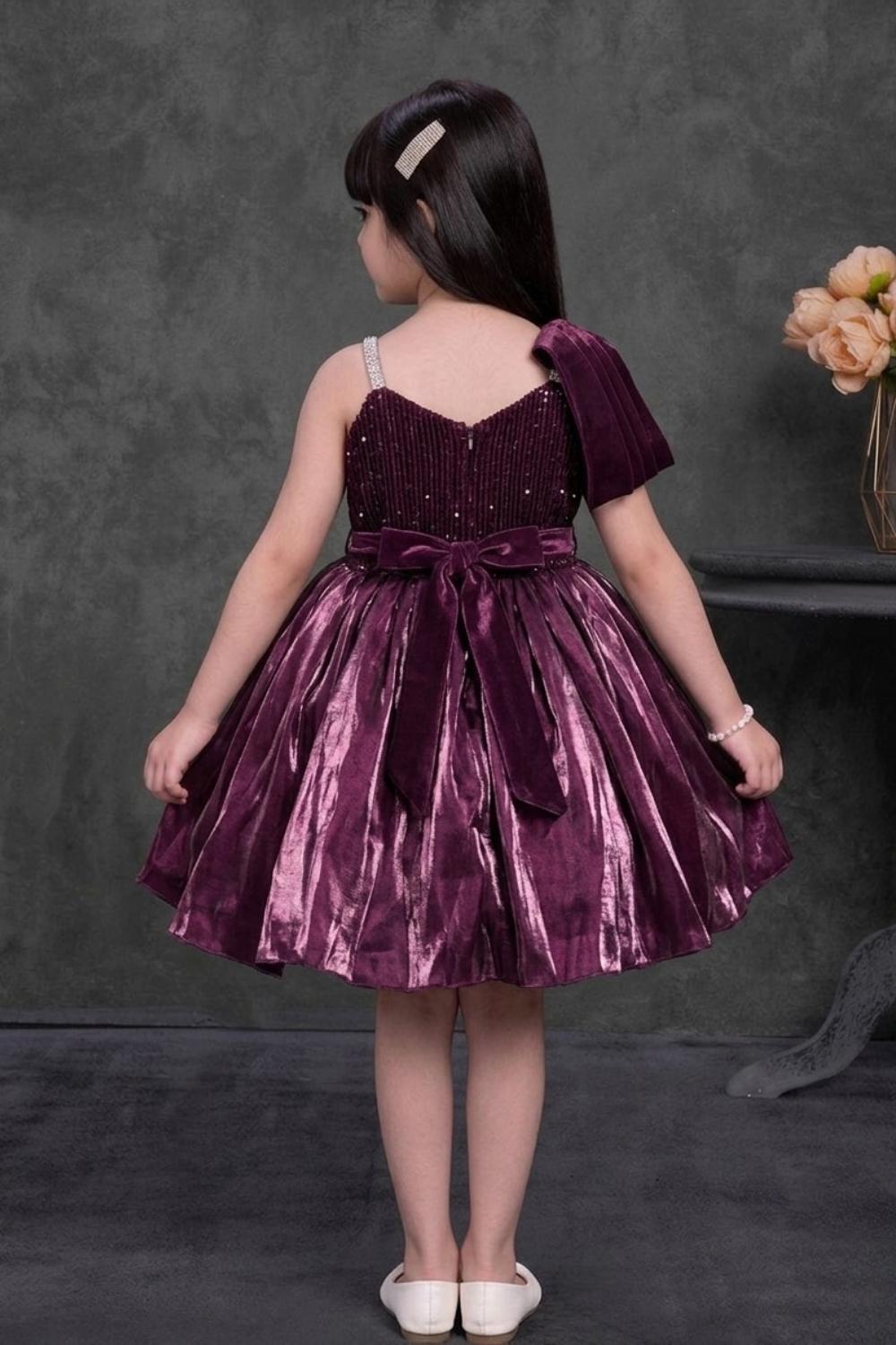 Wine Maroon One-Shoulder Party Frock with Sequin Bodice & Metallic Flare