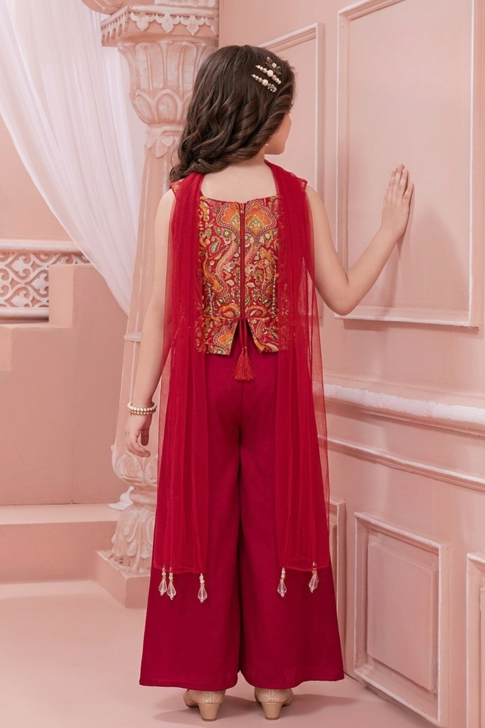 Red Embroidered Crop Top with Palazzo Set for Girls