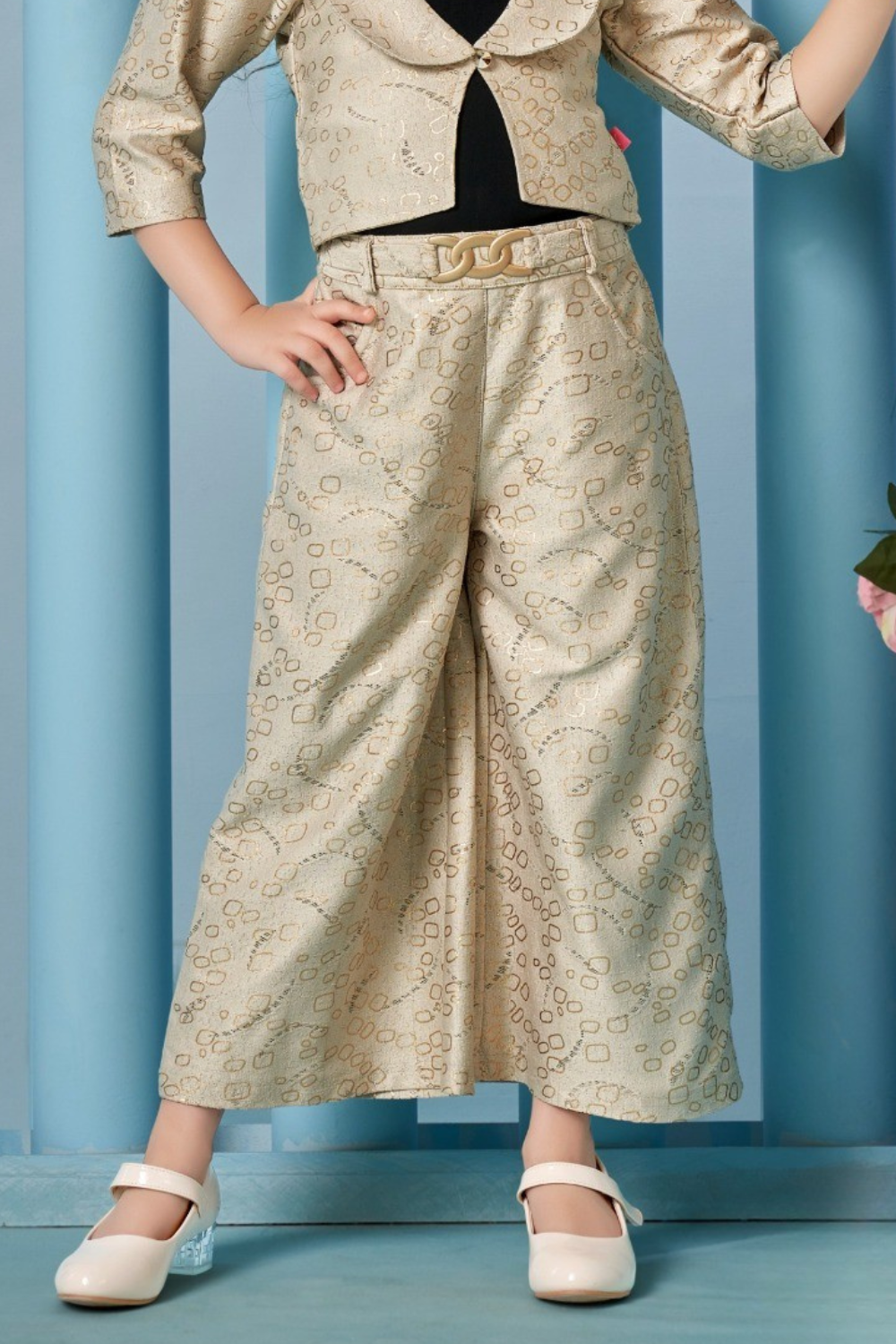 Champagne Gold Printed Jacket Style Top with Wide-Leg Pants Co-Ord Set for Girls