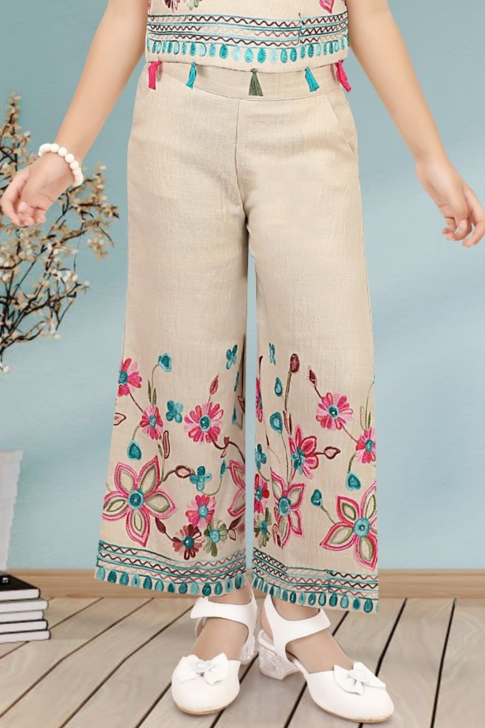 Beige Linen Cotton Blend Floral Embroidered Top & Palazzo Set for Girls