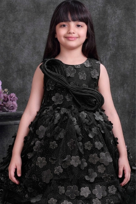 Girls Black Floral Applique Party Frock with Detachable Tail