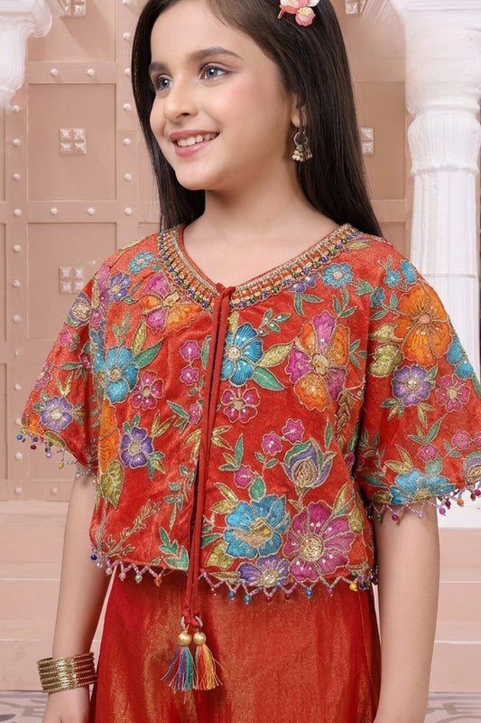 Girls Rust Red Floral Embroidered Cape Palazzo Set