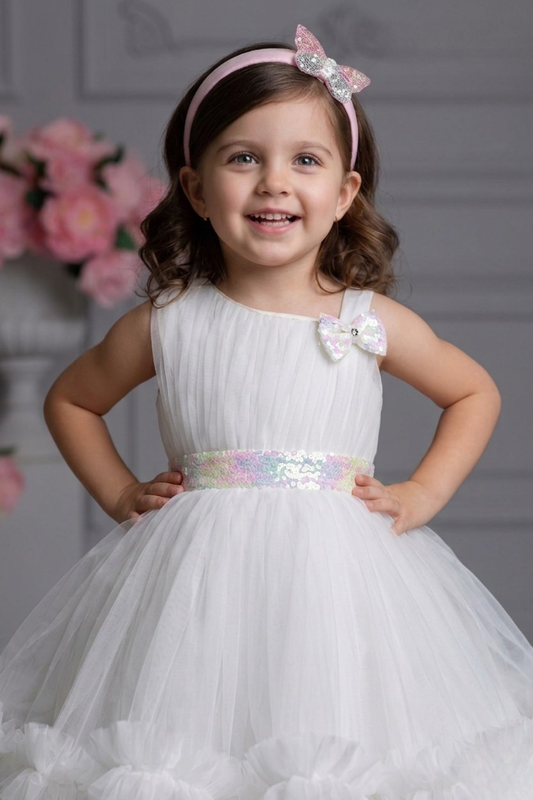 Girls White Sequin Belt Party Frock with Detachable Trail