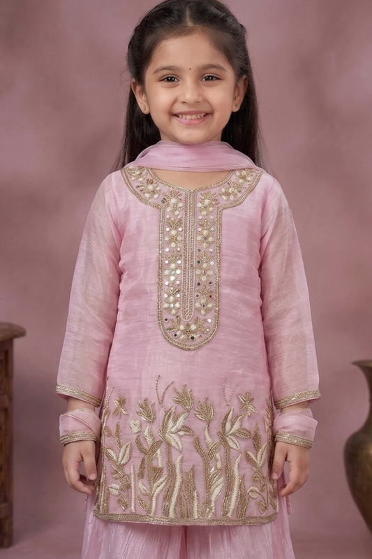 Blush Pink Embroidered Kurta Set with Palazzo & Dupatta