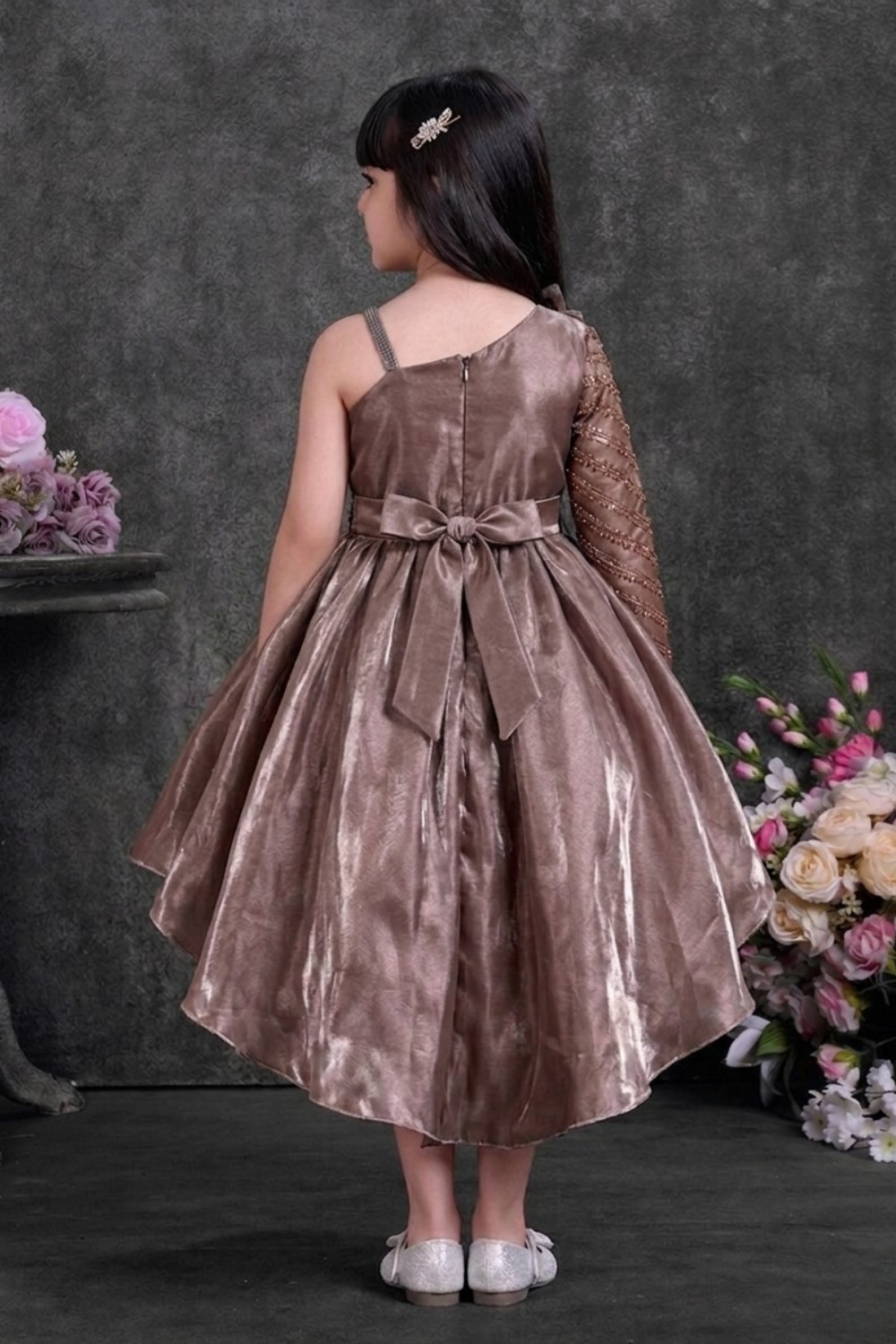 Metallic Brown One Shoulder Party Frock with High-Low Hem