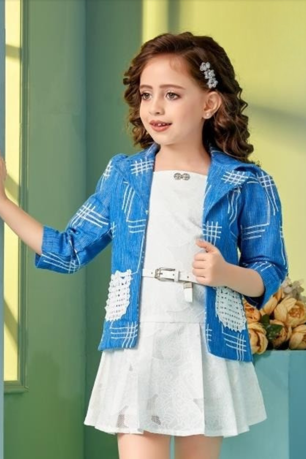 White Dress with Blue Printed Jacket for Girls