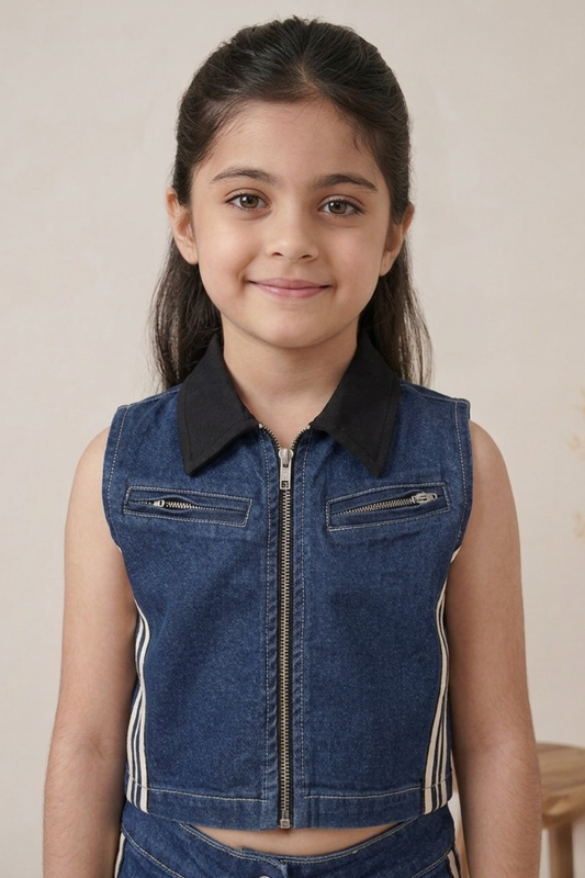 Dark Blue Denim Co-ord Set with Zip-Up Top & Wide-Leg Pants for Girls