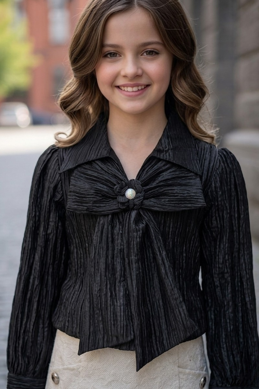 Elegant Black Pleated Dress with Bow Detail for Girls