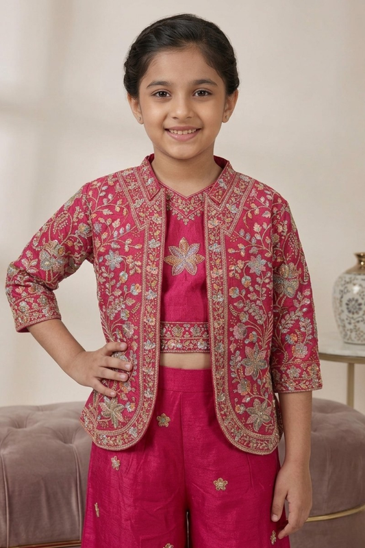 Rani Pink Chinon Palazzo Set with Embroidered Jacket for girls