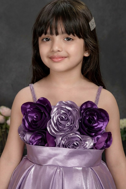 Girls Lavender Satin 3D Floral Party Frock