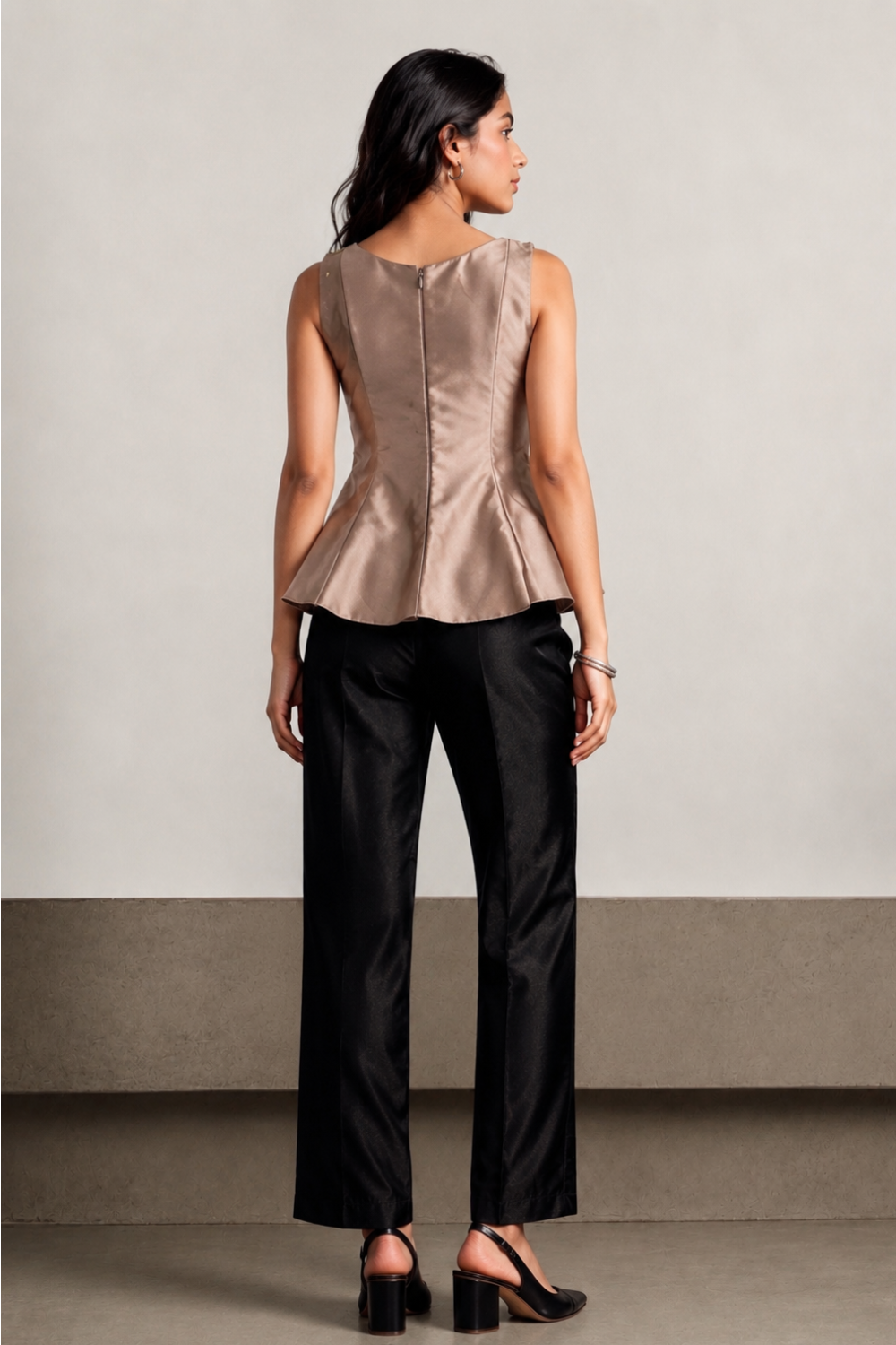 Girls Taupe Peplum Co-Ord Set with Embellished Strap Detail & Black Straight Pants