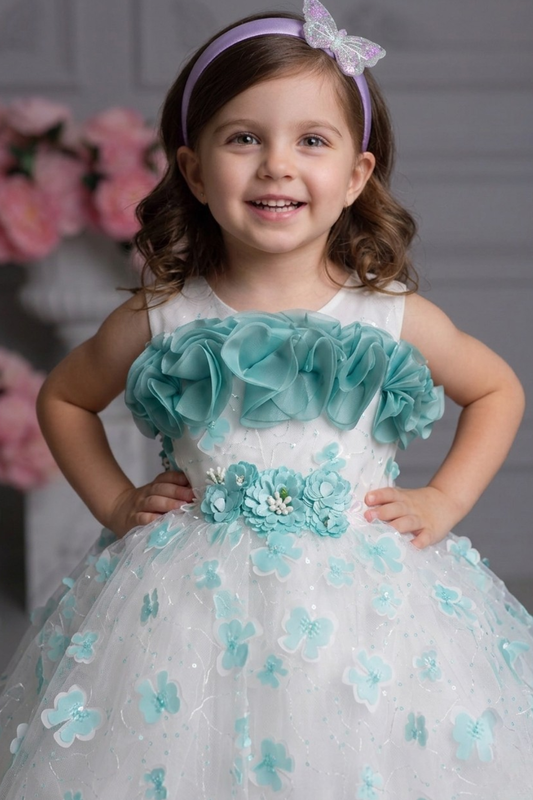 Girls White & Aqua Floral Embellished Party Frock