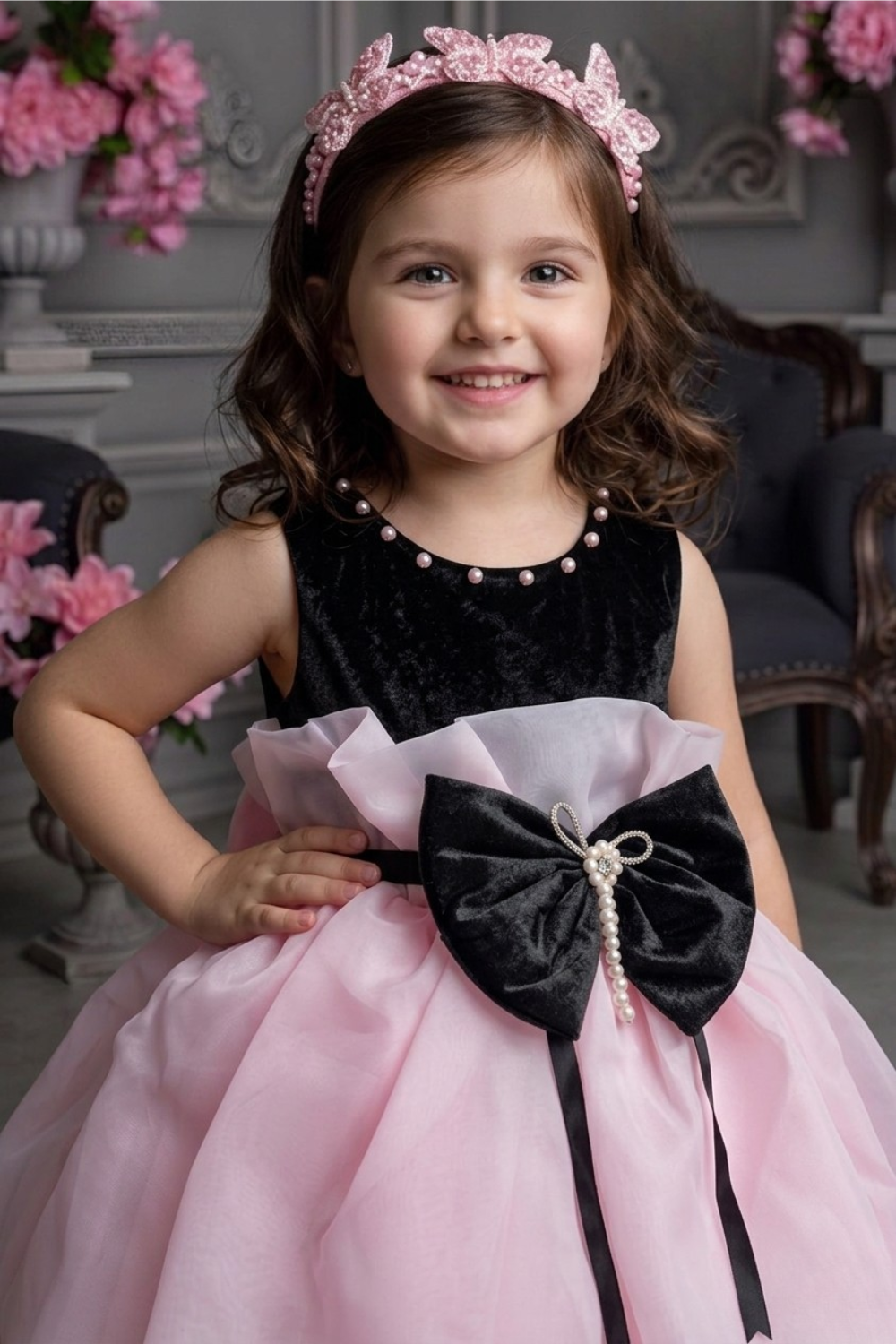 Girls Pink & Black Bow Detail Party Frock