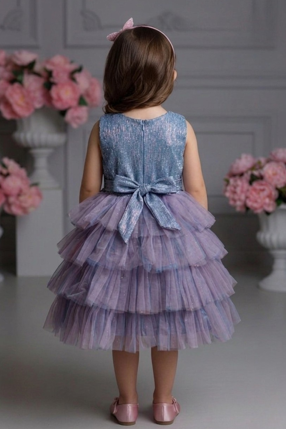 Girls Lavender Layered Net Party Frock with Designer Floral Drape