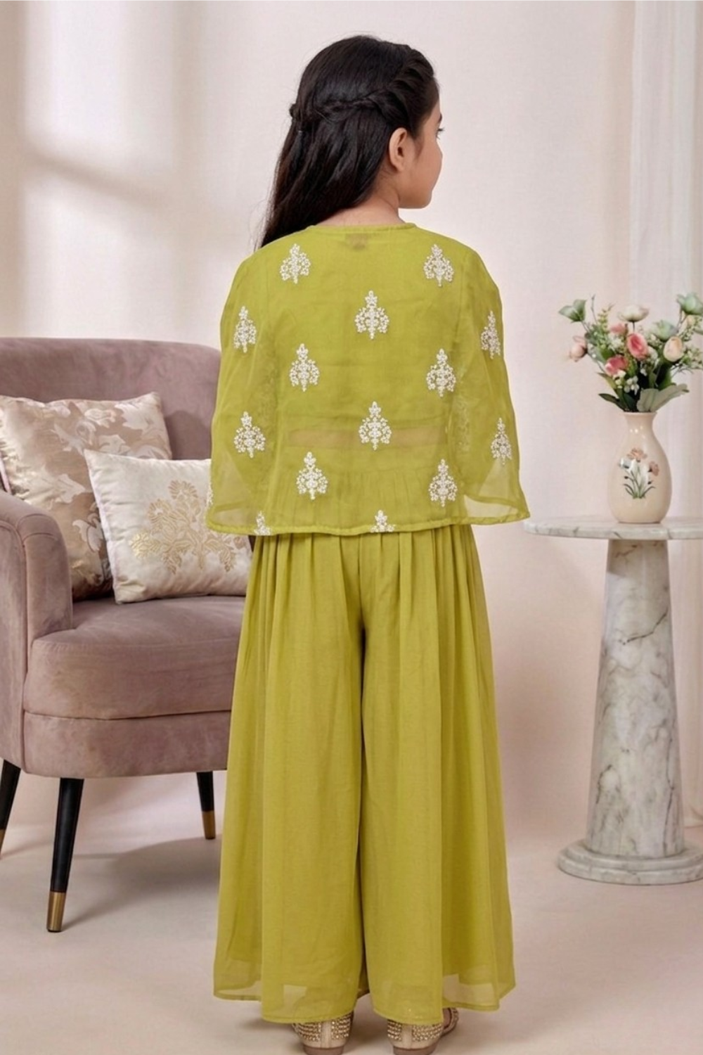 Olive Green Mul Chanderi Crop Top & Palazzo Set for Girls