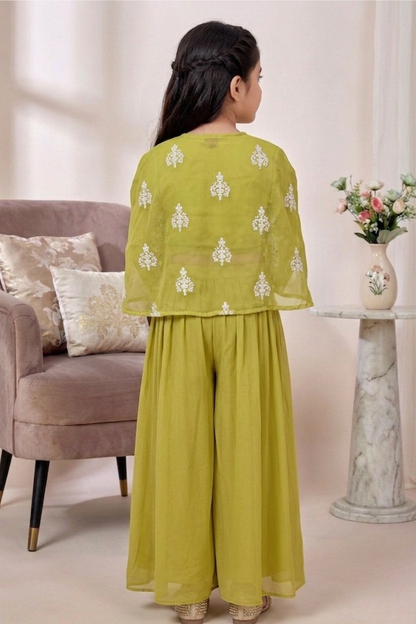 Olive Green Mul Chanderi Crop Top & Palazzo Set for Girls