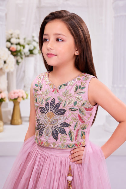 Girls Pink Embroidered Lehenga Choli Set