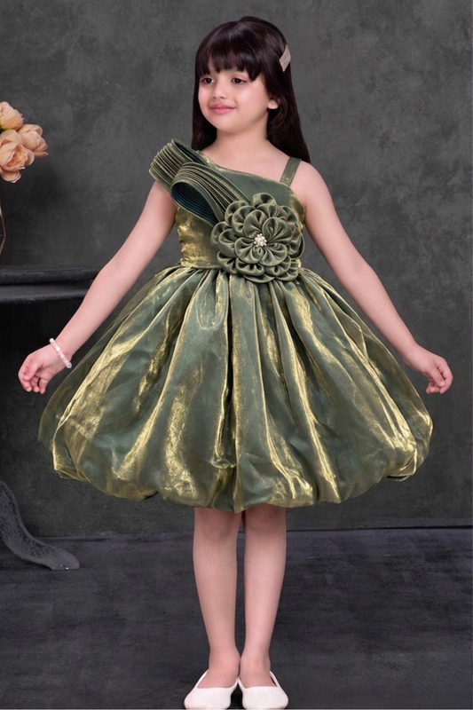 Girls Olive Green Floral One Shoulder Party Frock