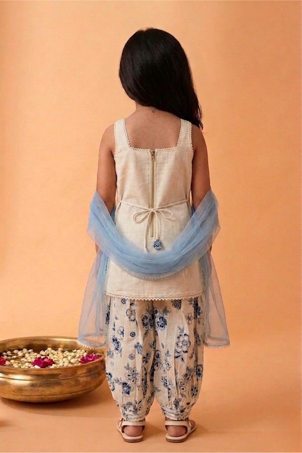 Ivory & Powder Blue Embroidered Kurta Set with Dhoti Pants & Dupatta