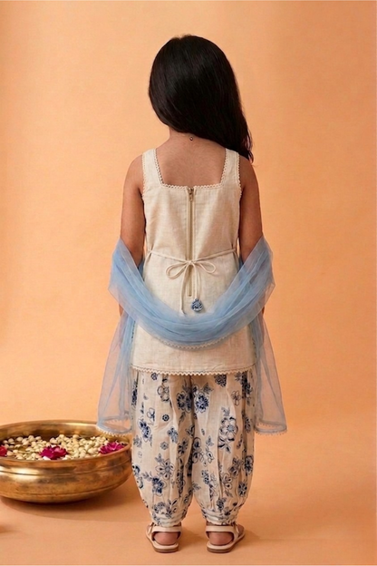 Ivory & Powder Blue Embroidered Kurta Set with Dhoti Pants & Dupatta