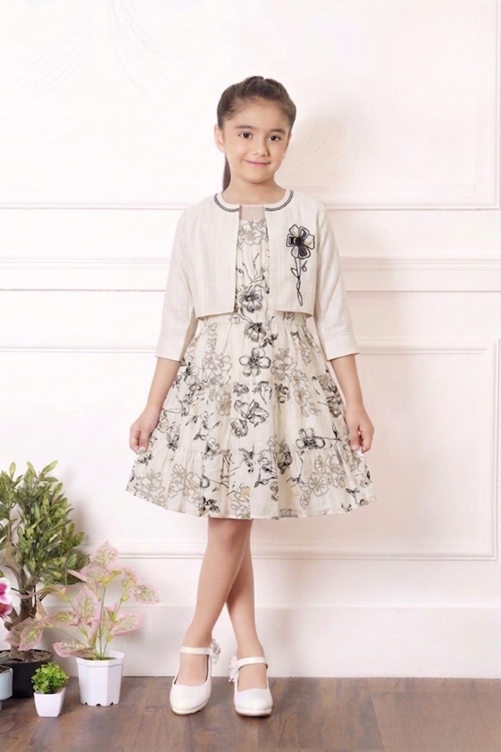 Beige Floral Cotton Linen Dress with Embroidered Jacket for Girls