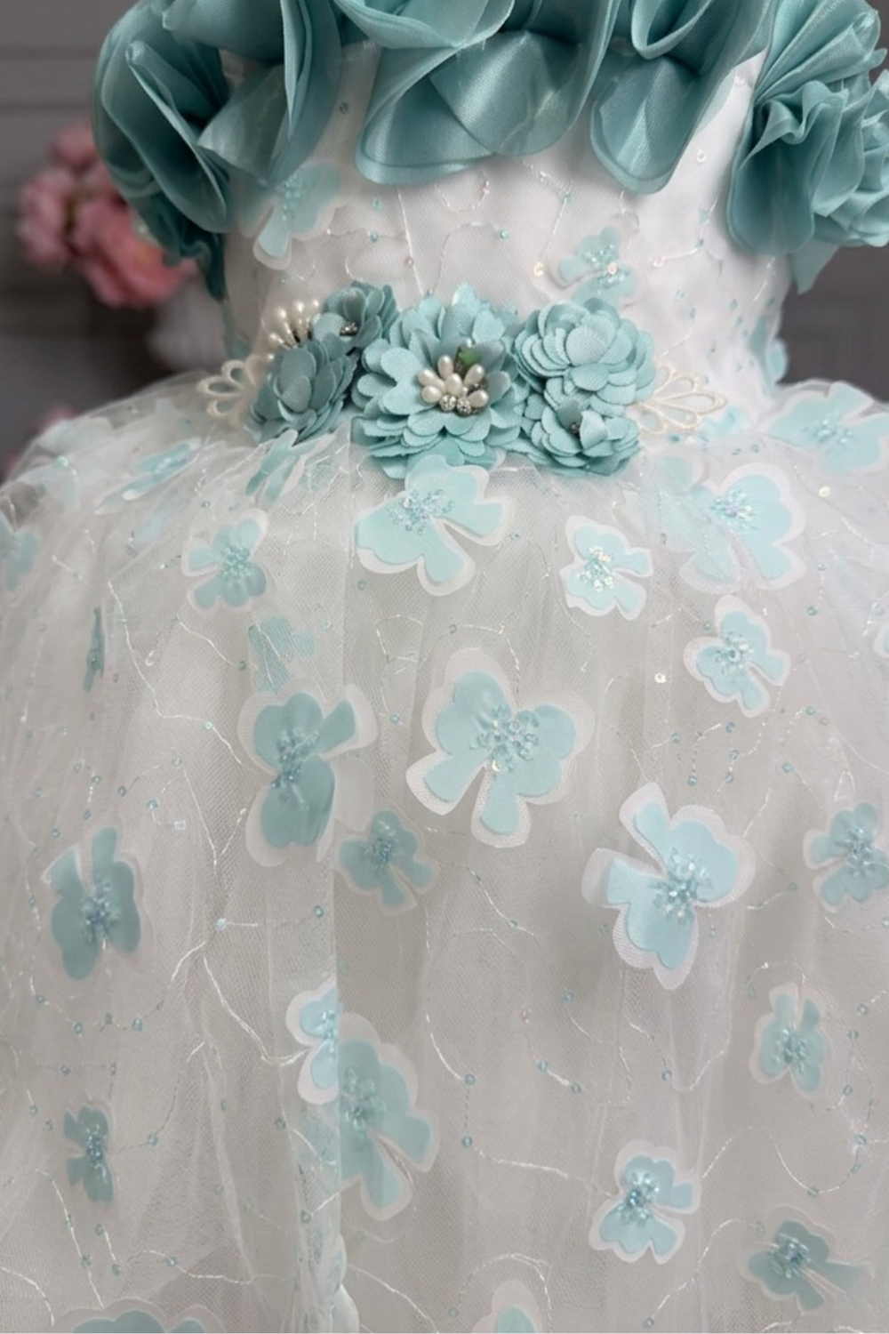 Girls White & Aqua Floral Embellished Party Frock