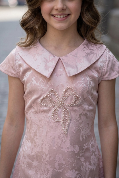 Blush Pink Dress with Pearl Bow Detail for Girls