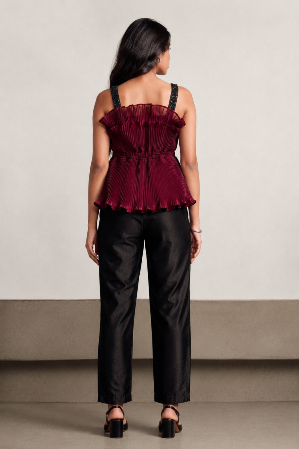 Girls Wine Pleated Co-Ord Set with Embellished Top & Straight Pants