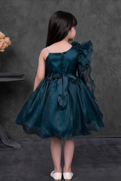 Girls Teal One Shoulder Ruffle Party Frock