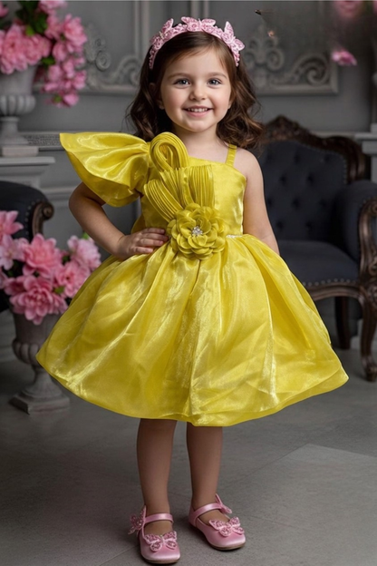 Girls Yellow One Shoulder Flower Detail Party Frock