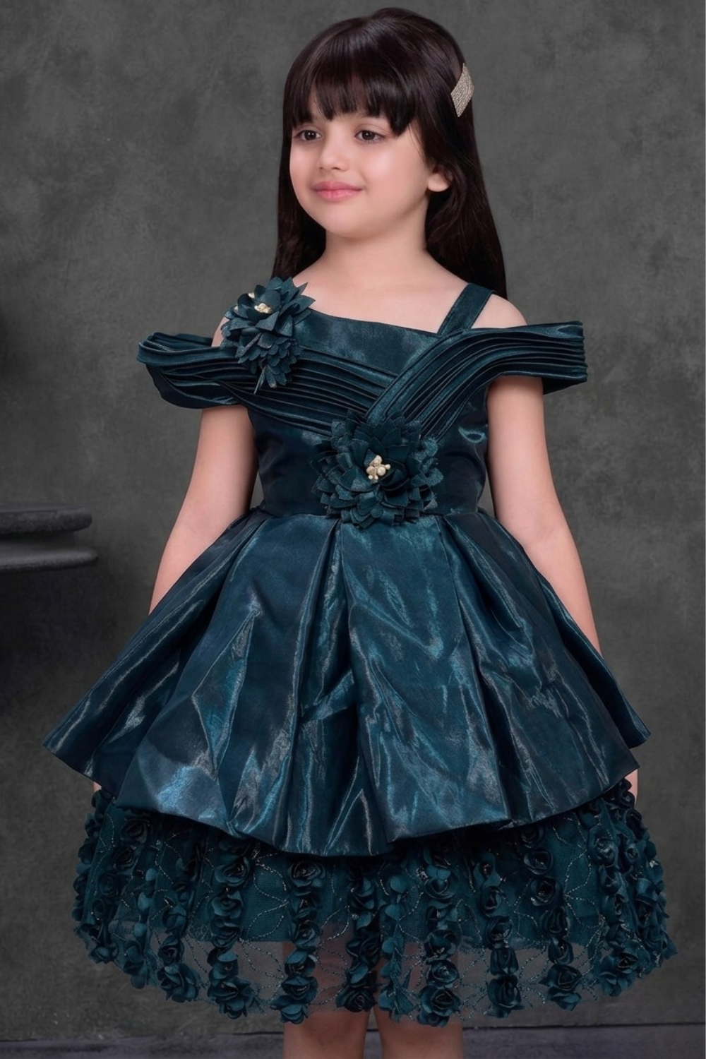 Emerald Green Off-Shoulder Party Frock with Floral Applique & Layered Hem