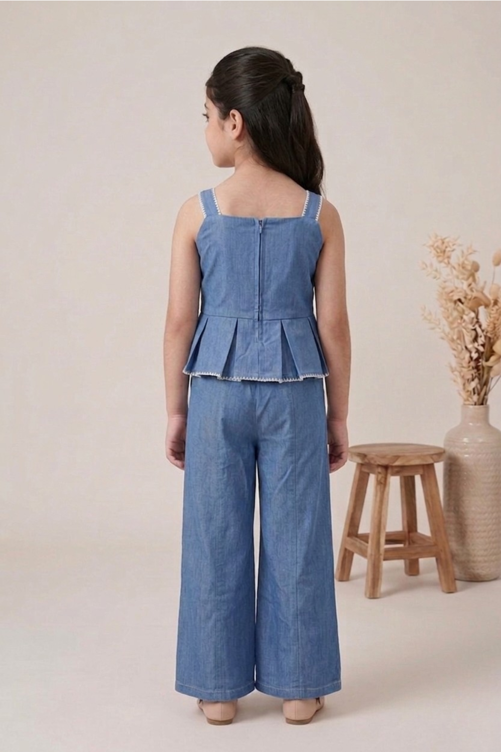 Denim Blue Peplum Top & Palazzo Co-ord Set for Girls