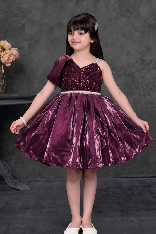 Wine Maroon One-Shoulder Party Frock with Sequin Bodice & Metallic Flare