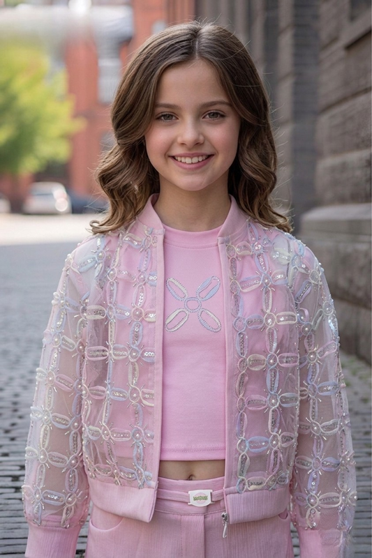 Blush Pink Embellished Jacket Co-ord Set with Crop Top & Skirt for Girls