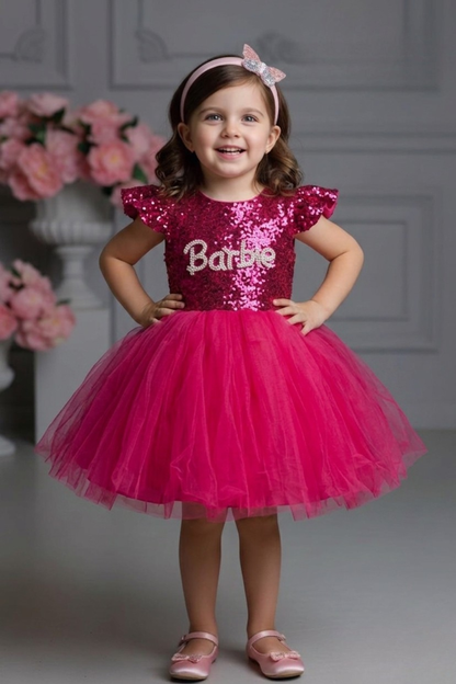 Girls Hot Pink Sequin Barbie Party Frock